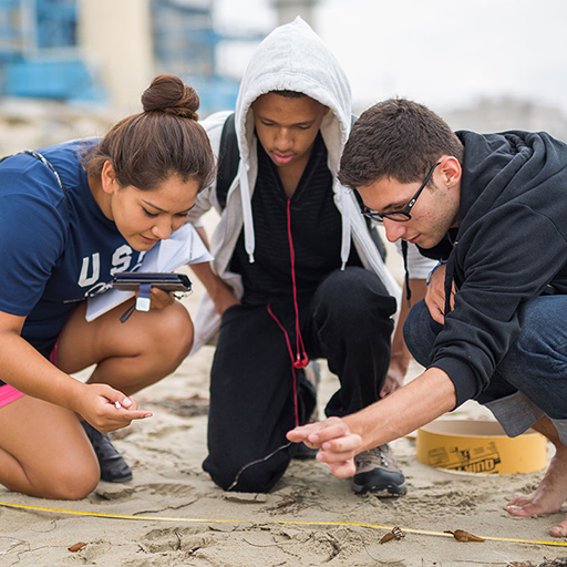 Three students examining object on floor